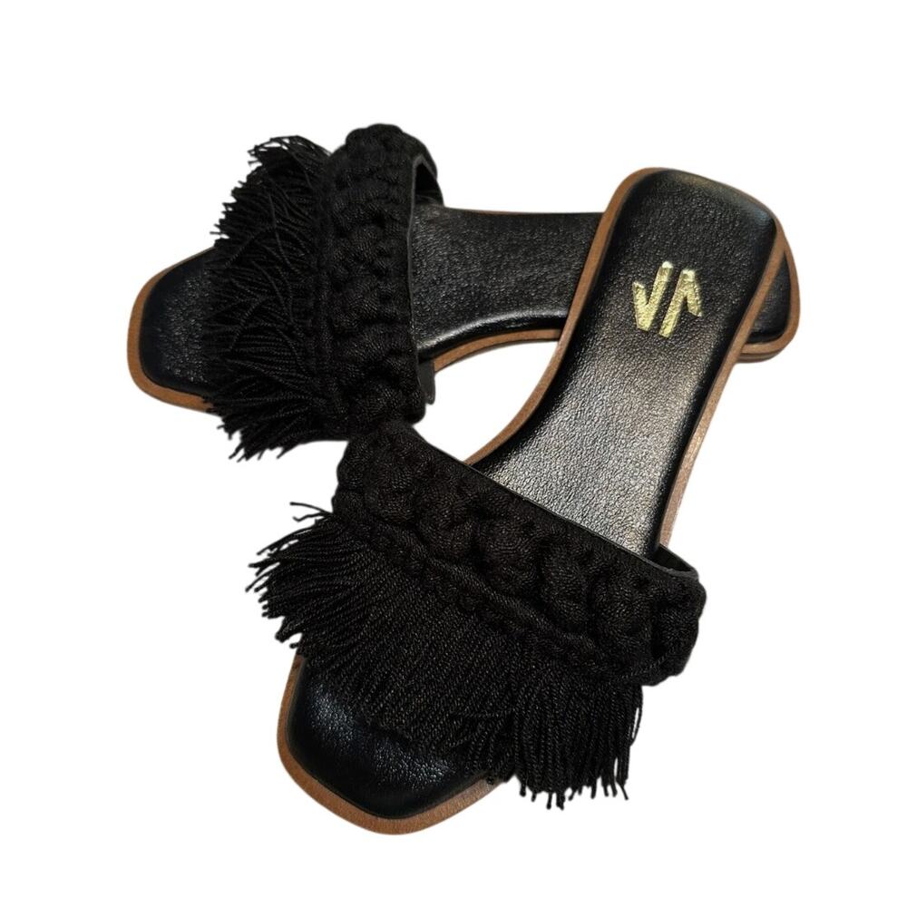 New Silvia Cobos Women S Candy Fringe Flat Sandals Black Size 8